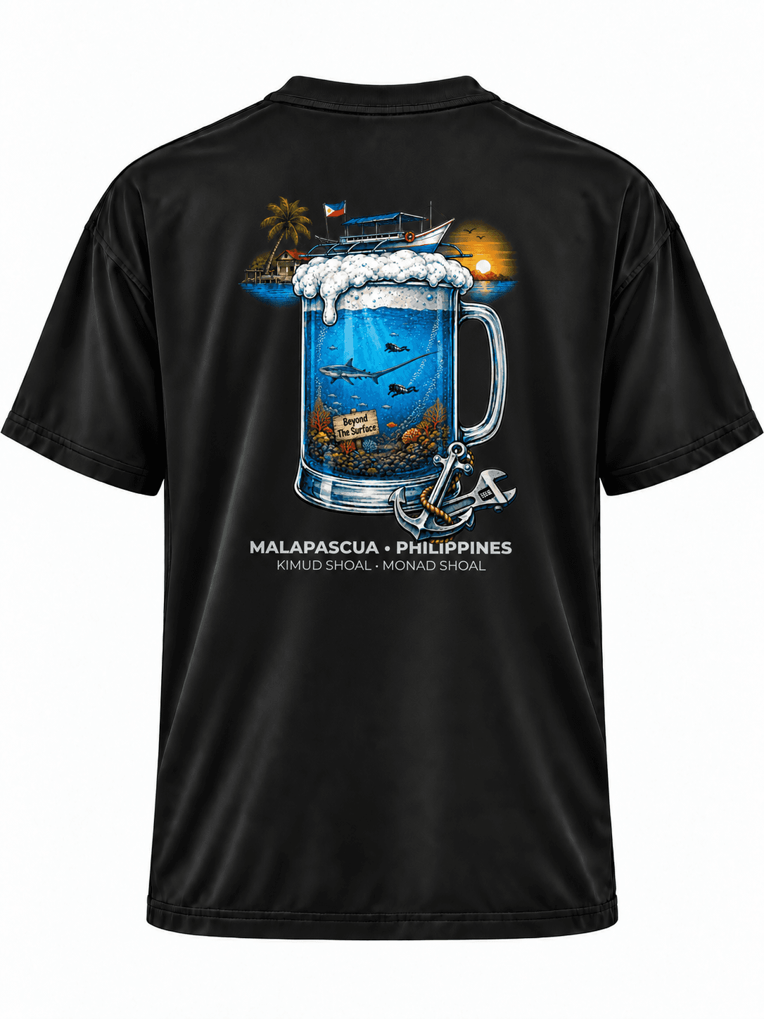 Destination 02: Malapascua, Philippines black Performance tee with full artwork, straight back view