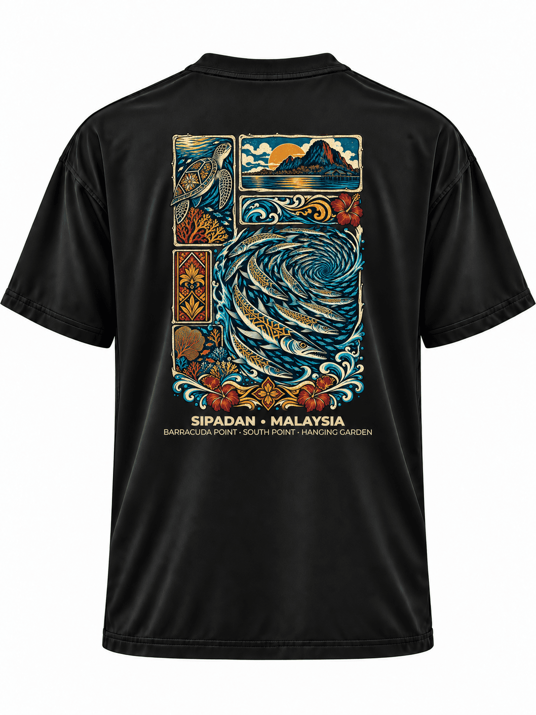 Destination 06: Sipadan, Malaysia black Performance tee with full artwork, straight back view