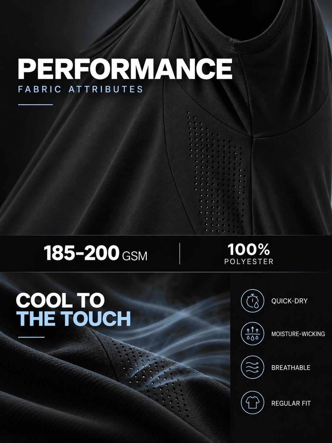 Performance fabric attributes: 185 to 200gsm, 100% polyester, with cool-touch, quick-dry, moisture-wicking, breathable and regular-fit features