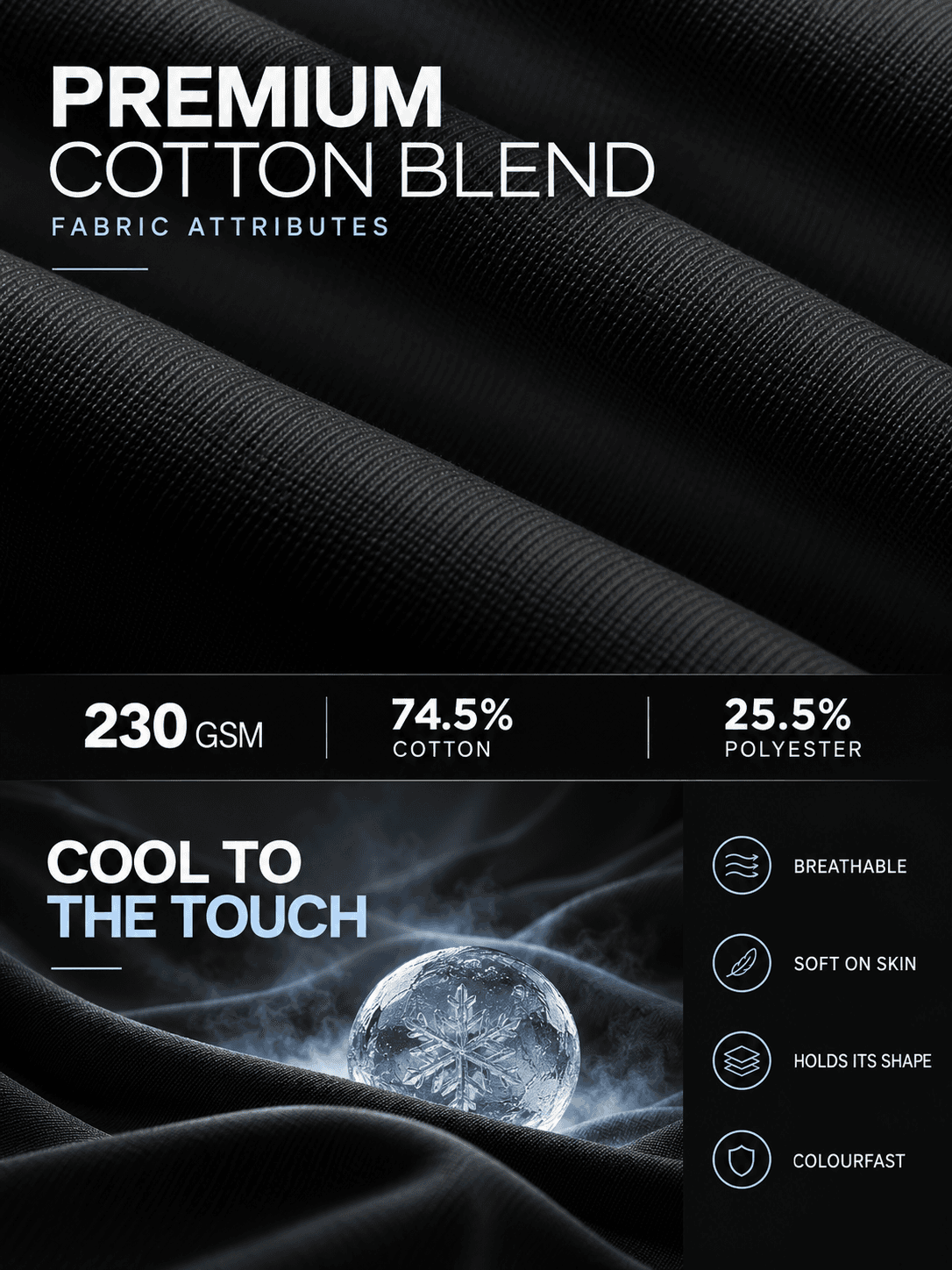 Premium Cotton fabric attributes: 230gsm, 74.5% cotton and 25.5% polyester, with cool-touch, breathable, soft-on-skin, shape-retaining and colourfast features