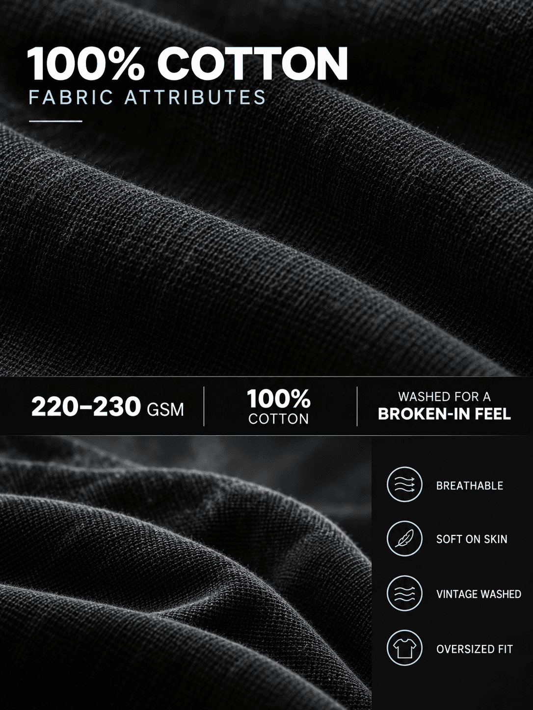 100% cotton fabric attributes: 220 to 230gsm, breathable, soft on skin, vintage washed and oversized fit